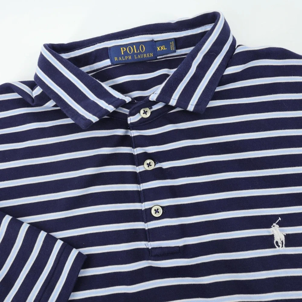 Polo Ralph Lauren Mens Striped Short Sleeve Polo‎ Shirt Navy Blue Light Blue XXL